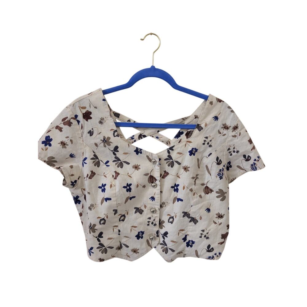 Vintage BANJO Dallas Floral Linen Cotton Cropped Vest Top Large 80s 90s - Picture 2 of 5